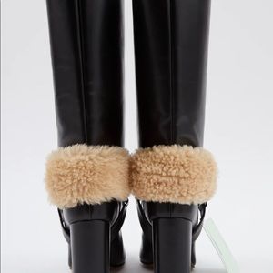 NEW Black leather boots/ecru sheep wool flock, covered square heel w/dustbag.